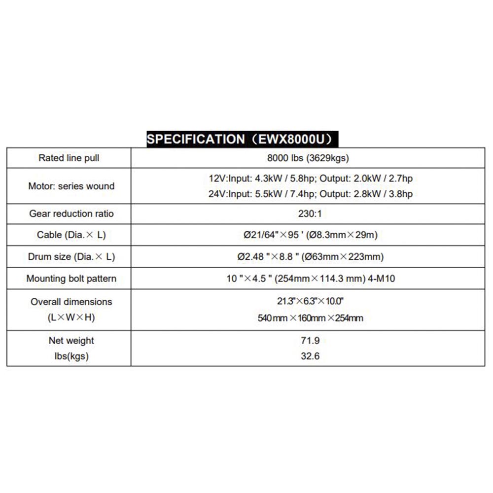 RUNVA winch Steel cable 8000LBS